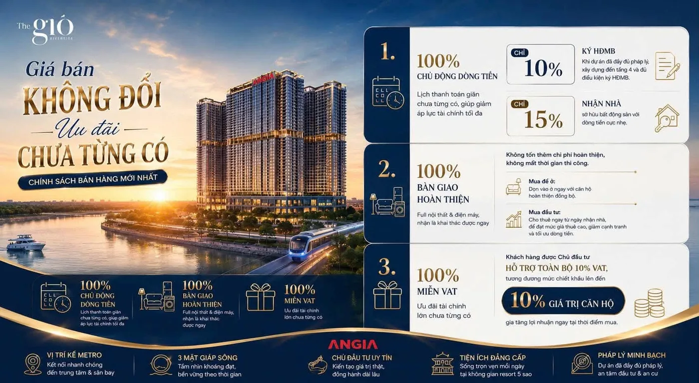 Chính sách bán hàng The Gió Riverside tháng 8/2026 với 10% ký HĐMB và 15% nhận nhà