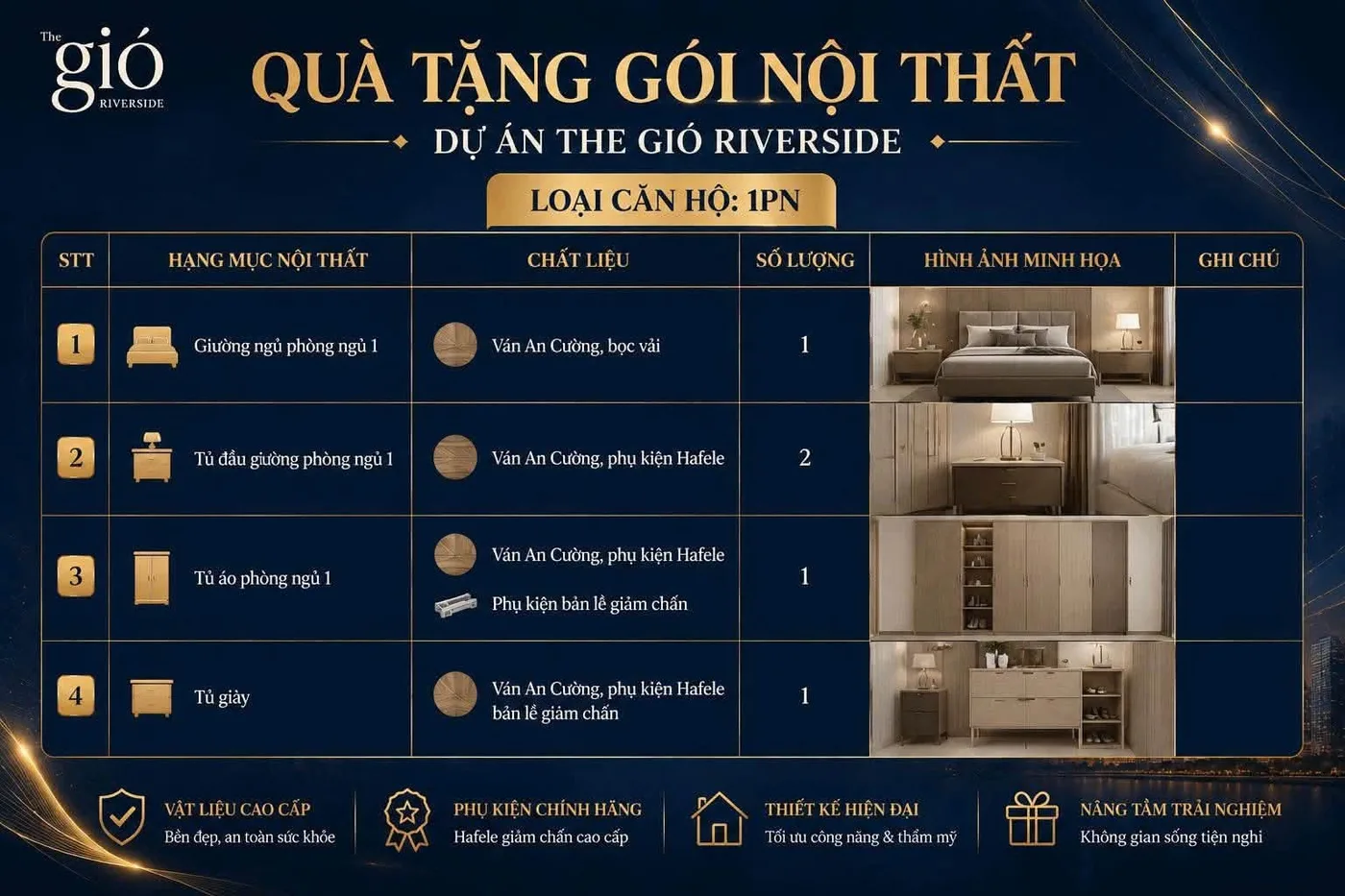 Quà tặng gói nội thất căn hộ 1PN trong chính sách bán hàng The Gió Riverside