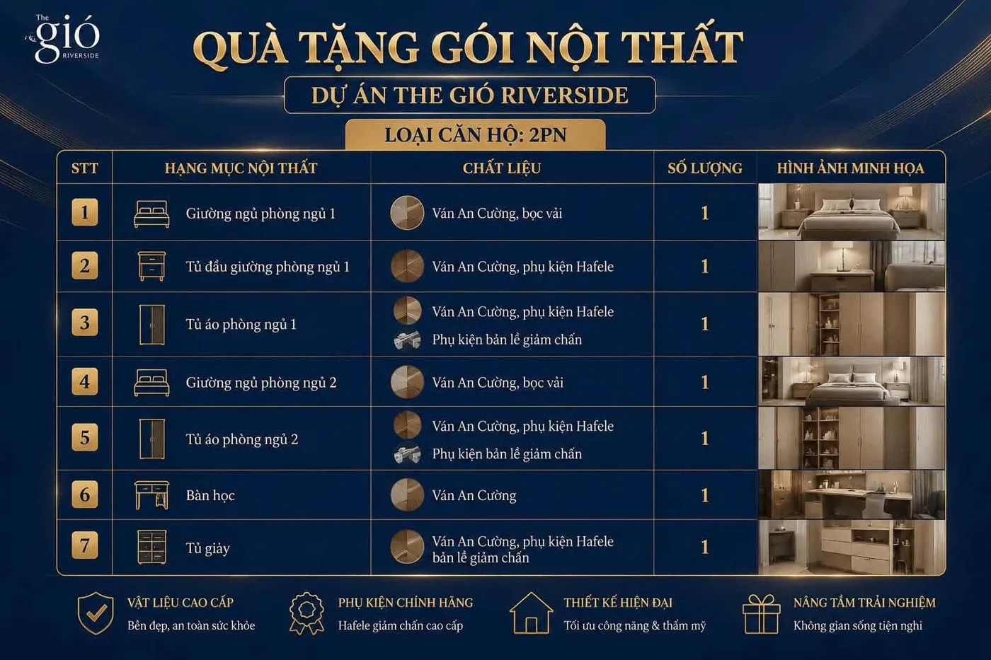 Quà tặng gói nội thất căn hộ 2PN trong chính sách bán hàng The Gió Riverside